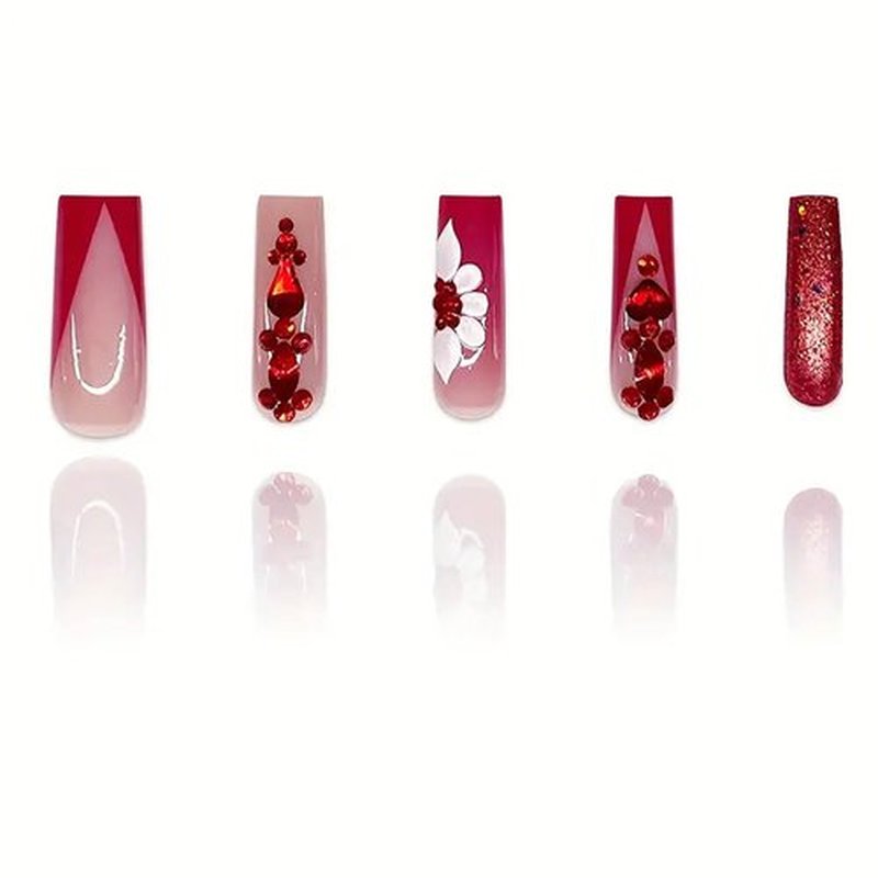 RTKHFZE Red Press on Nails Long Fake Nails Square Extra Long Nails Press ons with Flower And Rhinestones Design Glitter Acrylic Nails Artificial Nails