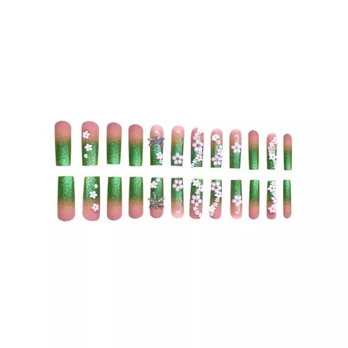 48 Pcs Pink Press on Nails Long Square & Press on Toenails Set - YEFIUO Green French Fake Nails Press ons Nail Art Tips Glue on Nails Full Cover Acrylic Nail Kit False Toe Nails with 3D Flowers Design