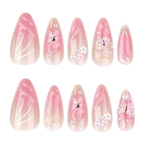 Foccna Almond Press on Nails -Soft Gel Medium Pink Fake Nails French Glossy Butterfly Artificial Nails 3D Flower Design Nails Clear,24pcs