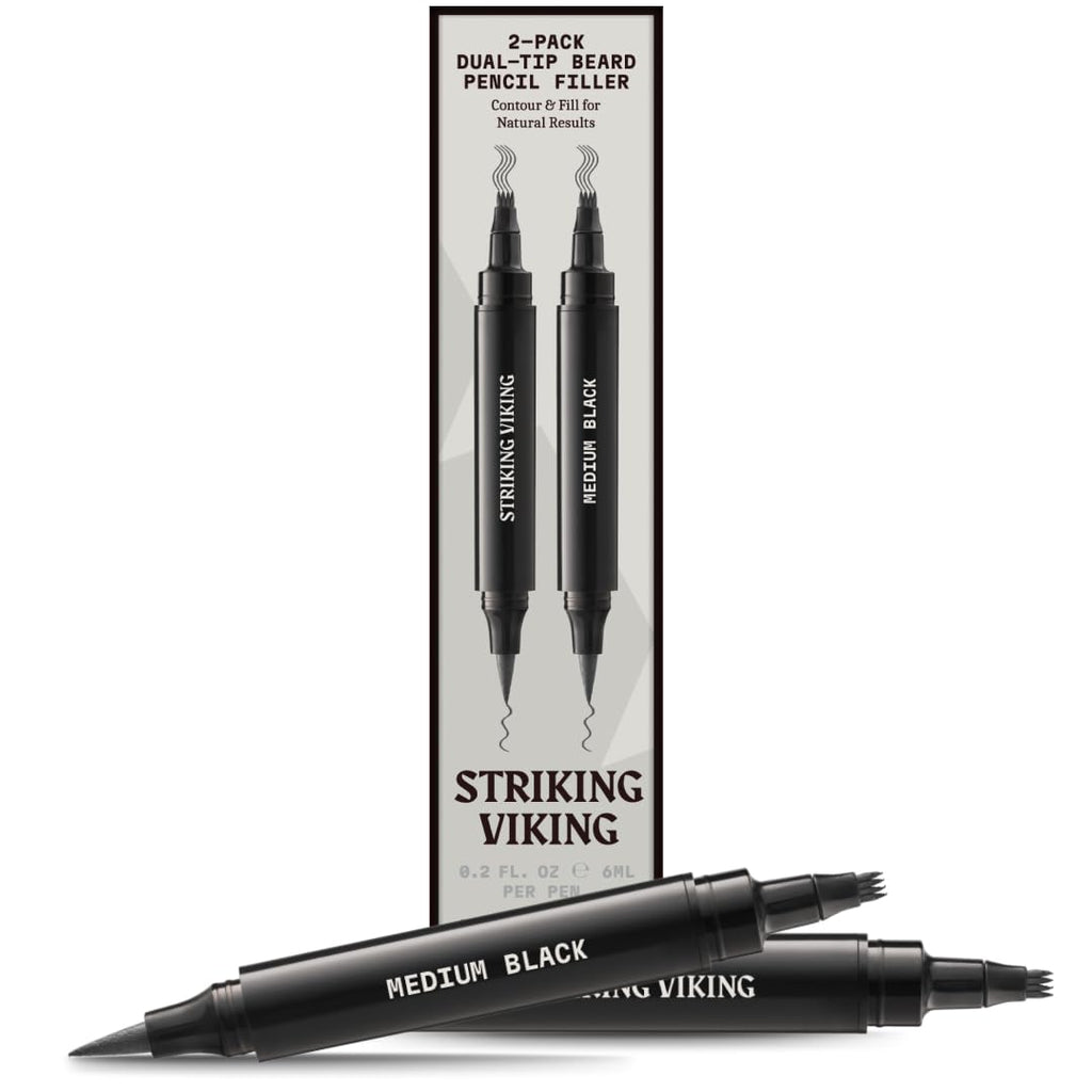 Striking Viking Beard Filler For Men - Medium Black, 2 Pens Pack - Temporary Beard Dye - Waterproof Sweatproof Long Wear Beard Pencil for Touchups & Gap Contouring - Enhances Facial Hair