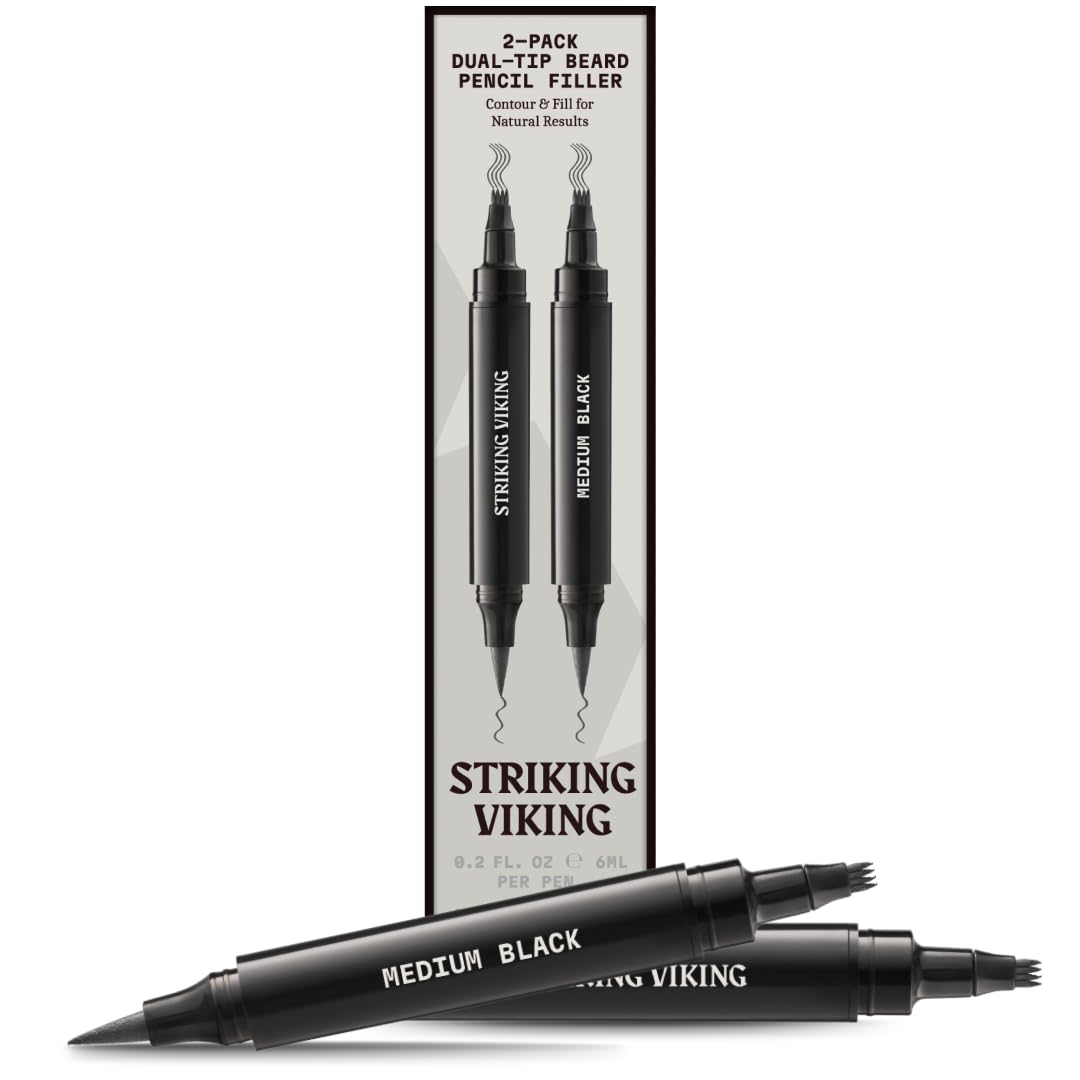 Striking Viking Beard Filler For Men - Medium Black, 2 Pens Pack - Temporary Beard Dye - Waterproof Sweatproof Long Wear Beard Pencil for Touchups & Gap Contouring - Enhances Facial Hair