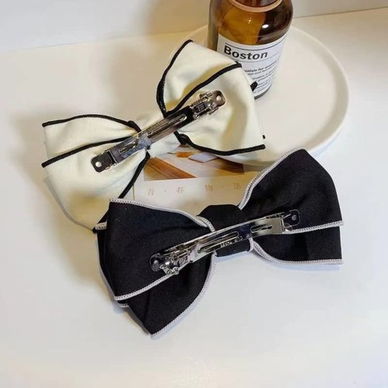 Rugelyss 2 PCS Big Hand-made Grosgrain Ribbon Solid Color Black and White Hair Bows Spring Clip Hair Accessories for Girls or Women