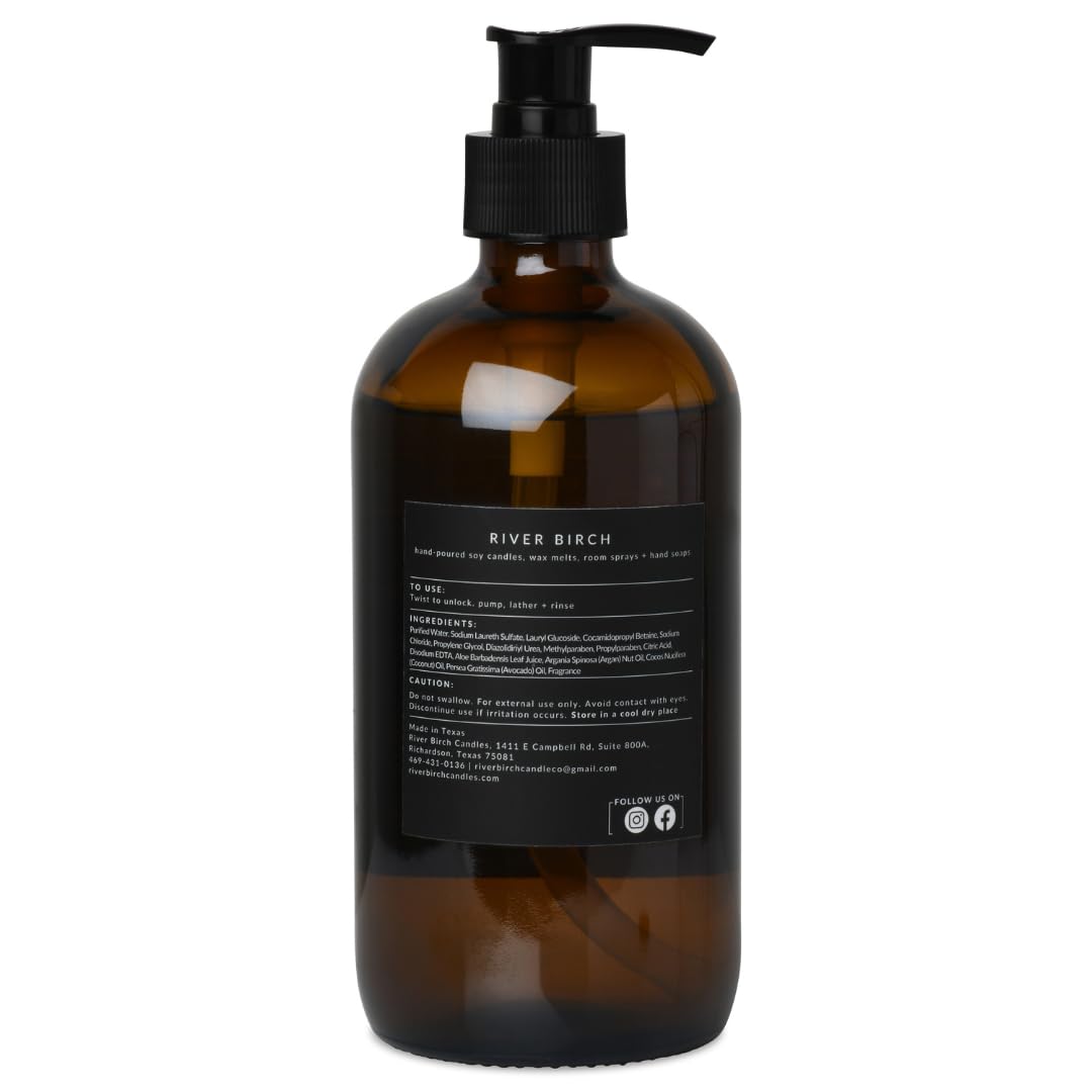 River Birch Birch + Vanilla Scented Natural Hand Soap - Handmade Soap - Moisturizing Hand Wash with Amber Glass Dispenser - Luxury Scented Hydrating Hand Soap - Vegan and Non-Toxic -16 Fl Oz