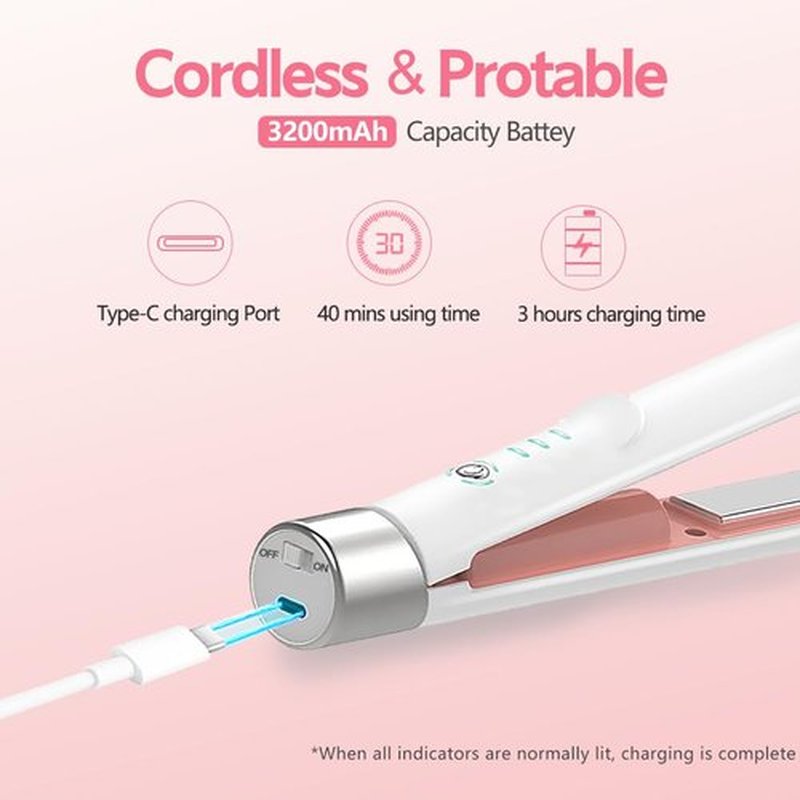 Cordless Hair Straightener, Portable Mini Flat Iron Hair Straightener for Travel, 20s Fast Heating, USB-C Rechargeable, Hair Straightening and Curler 2 in 1 for Women (White)