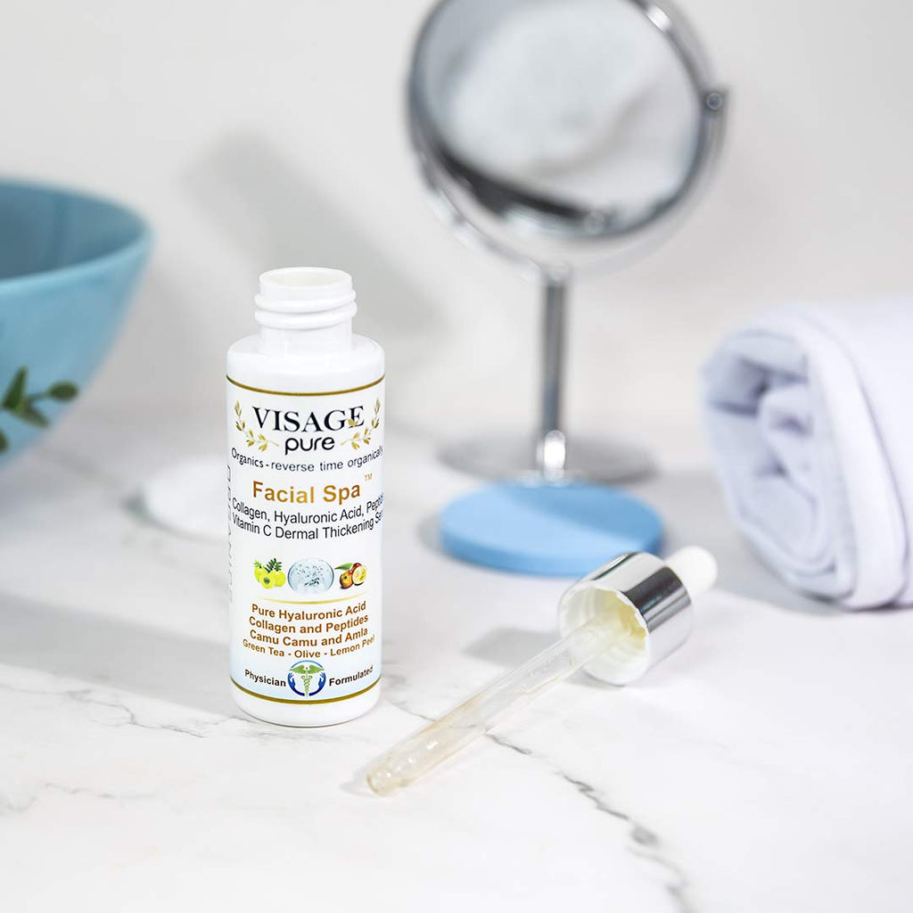 Visage Pure - Facial Spa"Dermal Thickening" Serum - Organic - Physician Formulated - Research Supported - Extra Nutrient and Vitamin C Charged Blend of Collagen, Hyaluronic Acid and Peptides
