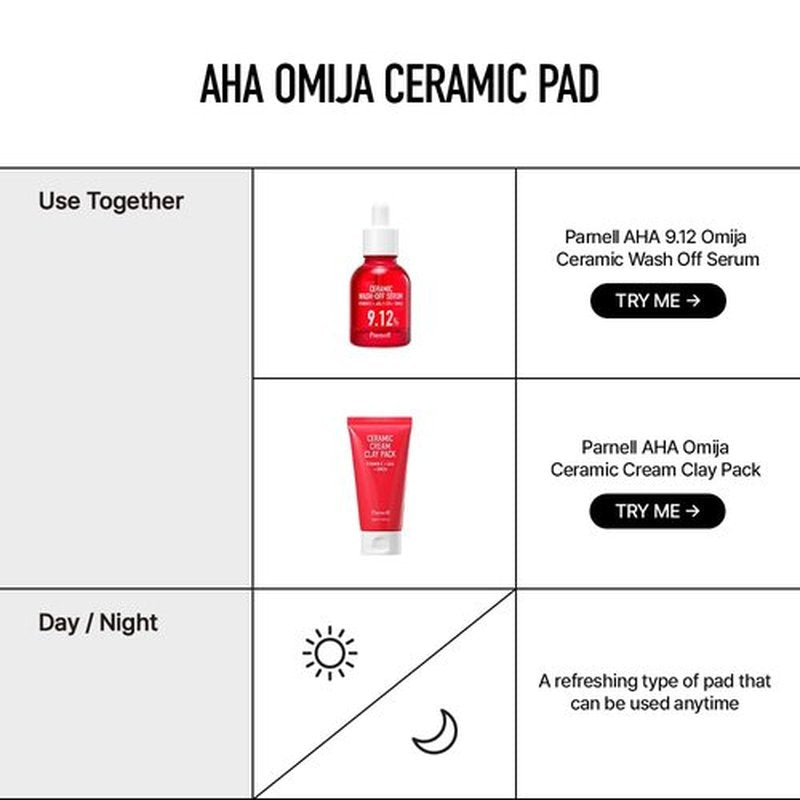 Parnell AHA 9.12% Omija Ceramic Peeling Pads (60 Count) | Gentle Daily Exfoliating Toner Pad with LHA PHA Vitamin C | Smooth Clear Look Korean Skin Care