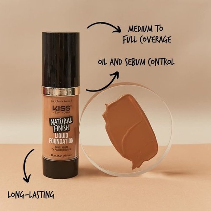Kiss New York Professional Liquid Foundation - Lightweight and Hydrating Formula, Natural Finish, Control Shine, Cover Pores, Medium to Full Coverage, Green Tea Extract (Caramel)