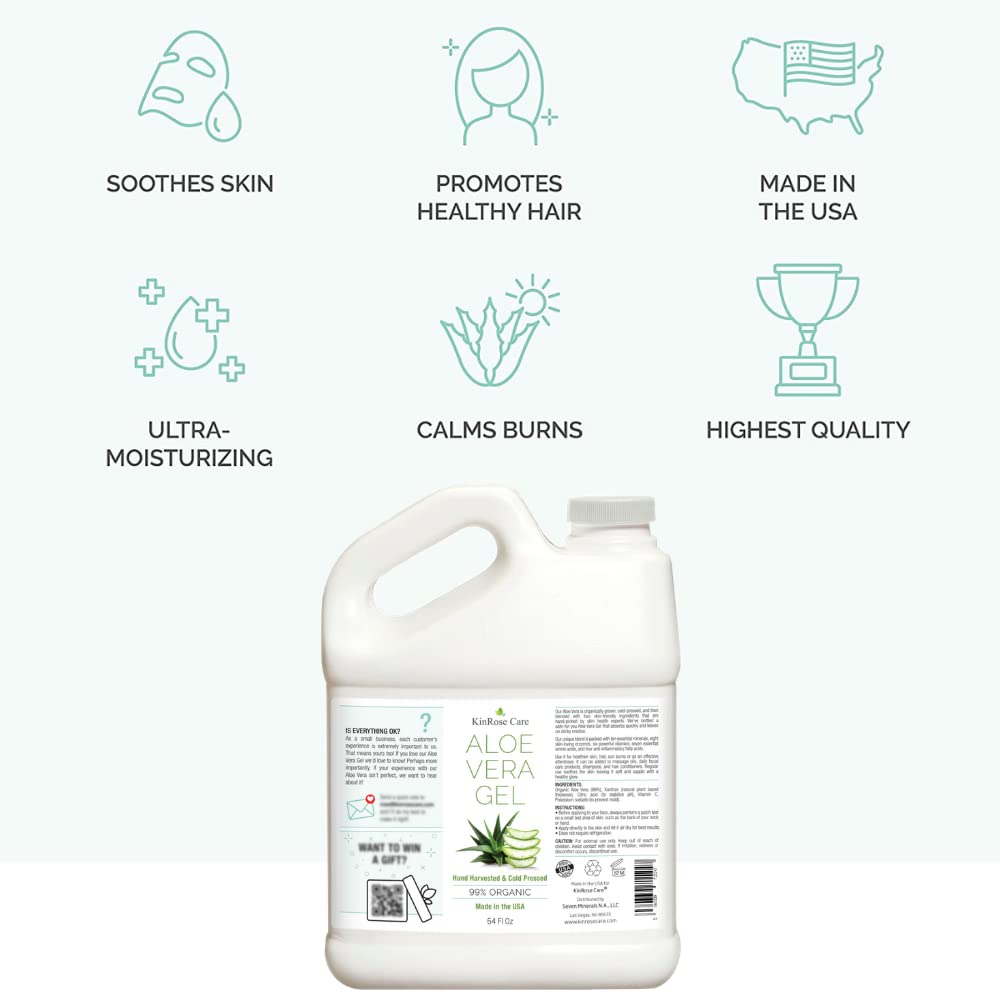 KinRose Care, 64oz Aloe Vera Gel for Face, Skin, Hair & Sunburn Relief - From Pure Organic Aloe Vera - Cold Pressed, Vegan, Unscented - Made in USA.