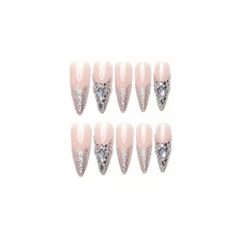 SINHOT Luxury Press on Nails - Long Stiletto Fake Nails, Glossy Finish, French Tip & 3D Rhinestones Design, DIY Artificial False Nail Art - 24 Pcs Nail Kit with Glue