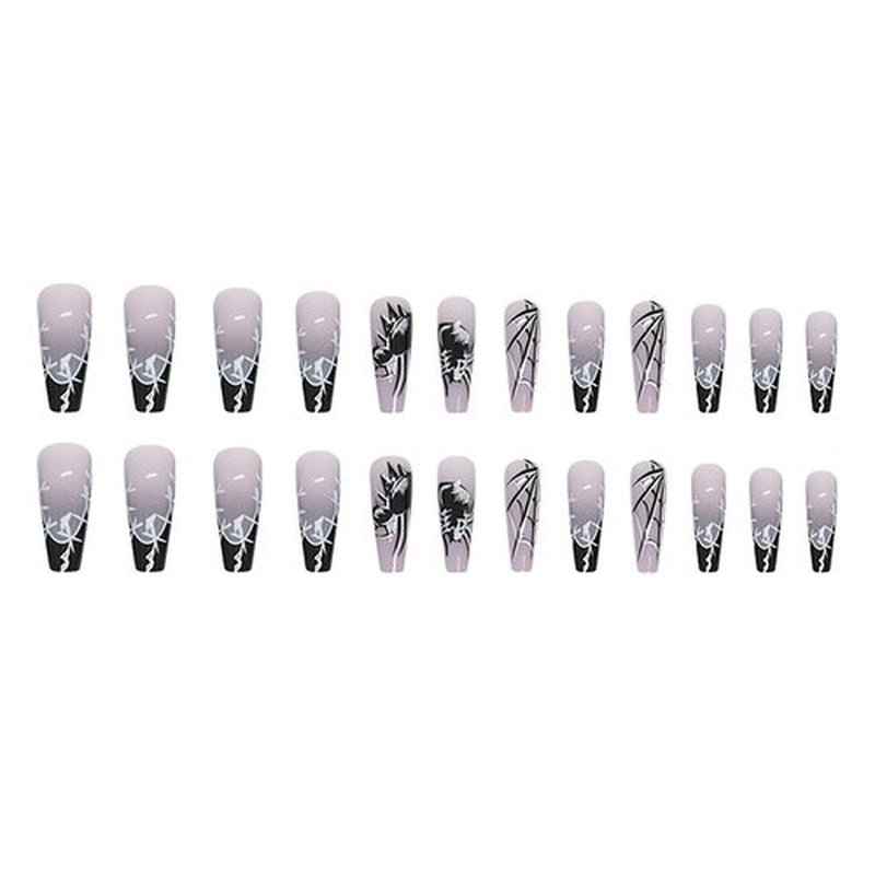 SWEKKE Halloween Press-on Nails Long Coffin French Tip Fake Nails Full Cover Big Spider&Spider Web Black False Nails with Designs 24 Pcs
