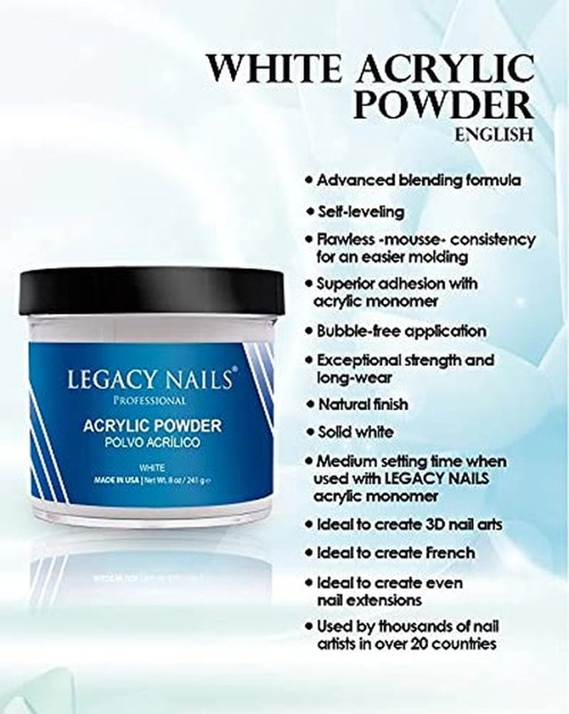 Legacy Nails White Acrylic Powder - 4oz | High-Quality Fast-Drying Formula for Salon-Grade Nail Extensions
