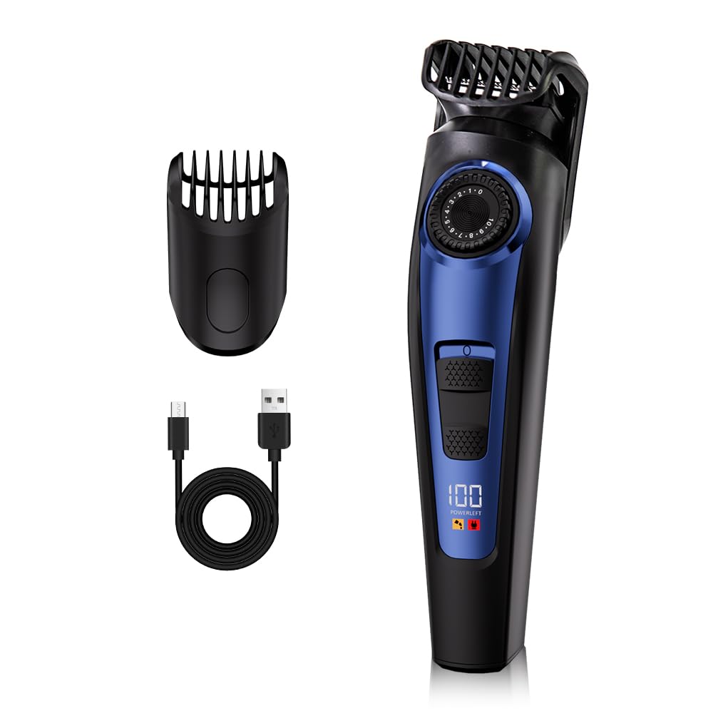 Electric Beard Trimmer for Men Professional Adjustable Length and Hair Clipper, Men's Beard Mustache Trimming and Body Hair Trimmer, Cordless Digital Display and Rechargeable USB Type-c Charger (Blue)