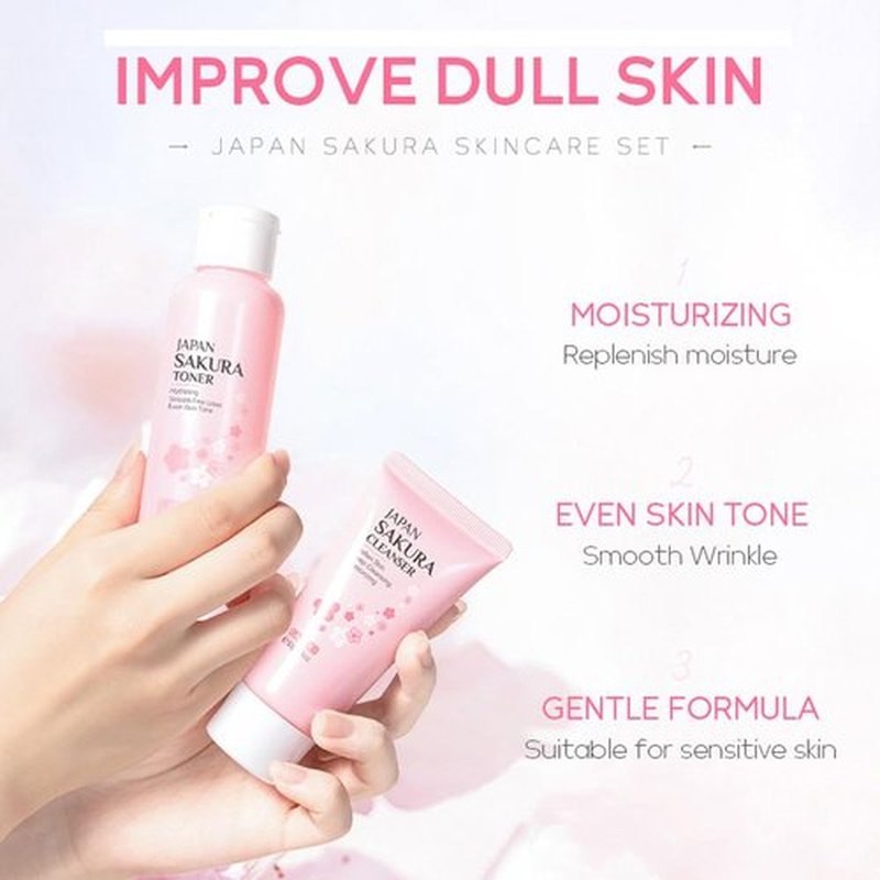 Sakura Skincare Kit for Teenage Girls Women, 5Pcs Skin Care Travel Present Set with Cleanser, Toner, Serum, Eye Cream, Face Cream