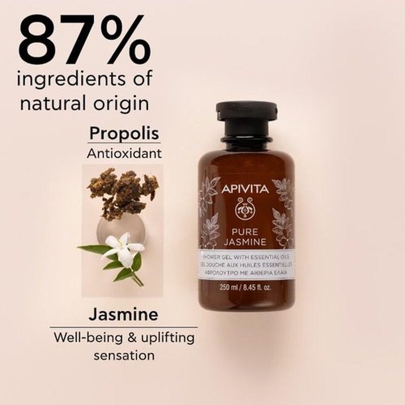 APIVITA Pure Jasmine Shower Gel | Gently Cleanses, Hydrates & Preserves Skin's Moisture with Jasmine & Propolis, 250 mL / 8.45 oz
