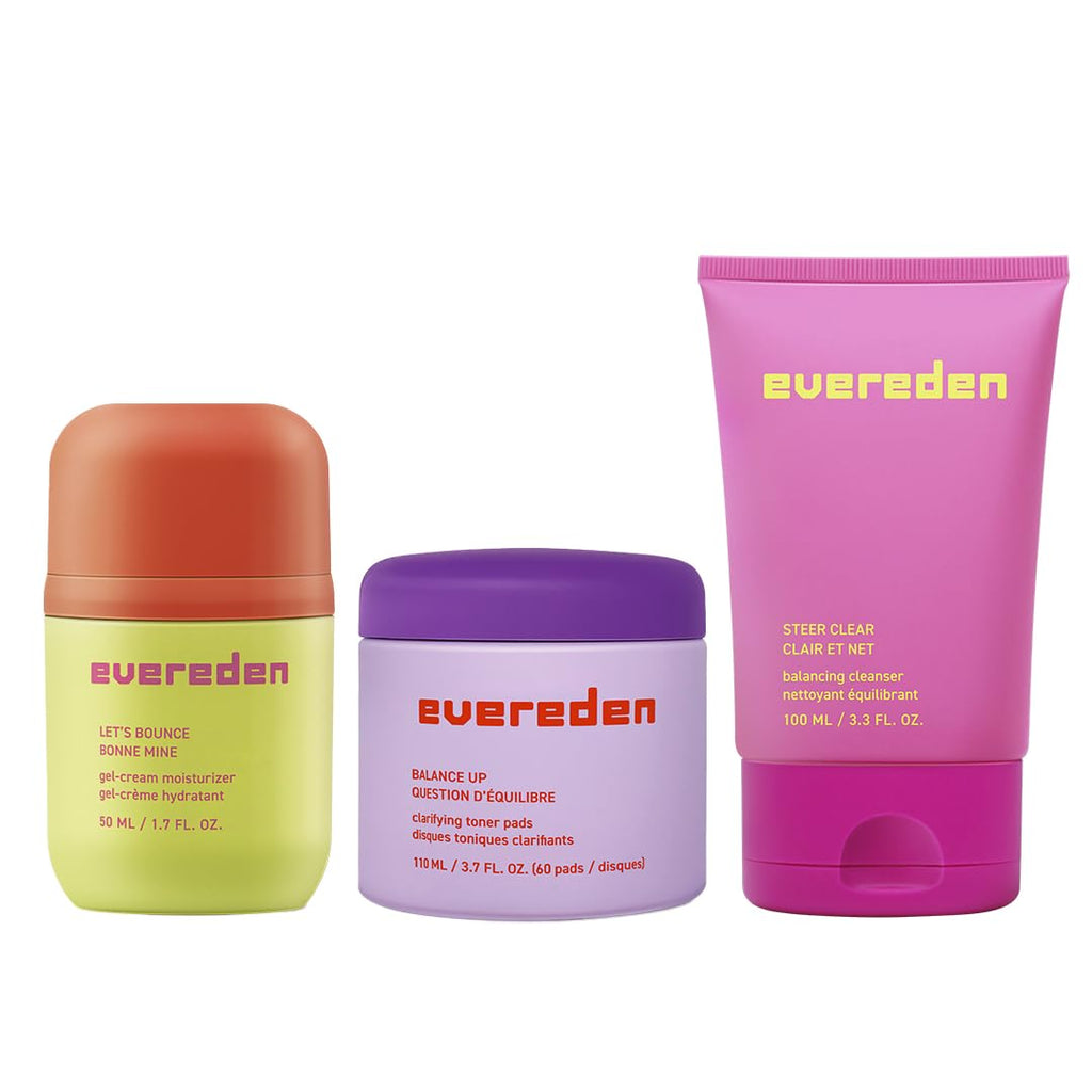 Evereden Pre-Teen Collection: Triple Green Tea Steer Clear Balancing Jelly Cleanser Face Wash, Let's Bounce Gel-Cream Face Moisturizer, & Balance Up Water-Based Toner Pads for Face