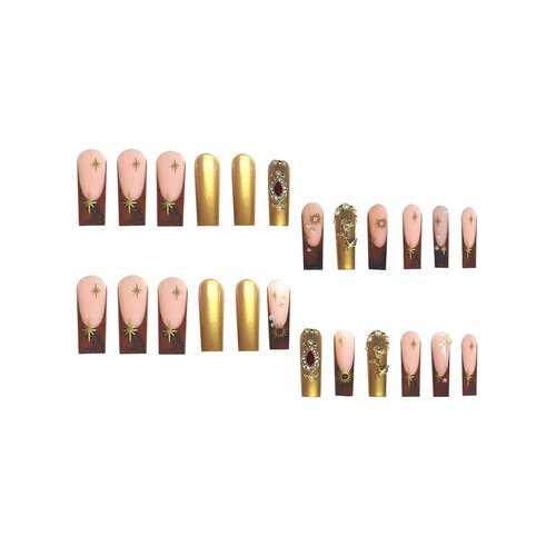 Long Press on Nails Square Fake Nails Gold French Tip False Nails with 3D Flower Charm Designs Sparkly Cute Rhinestones Artificial Nails for Women 24Pcs