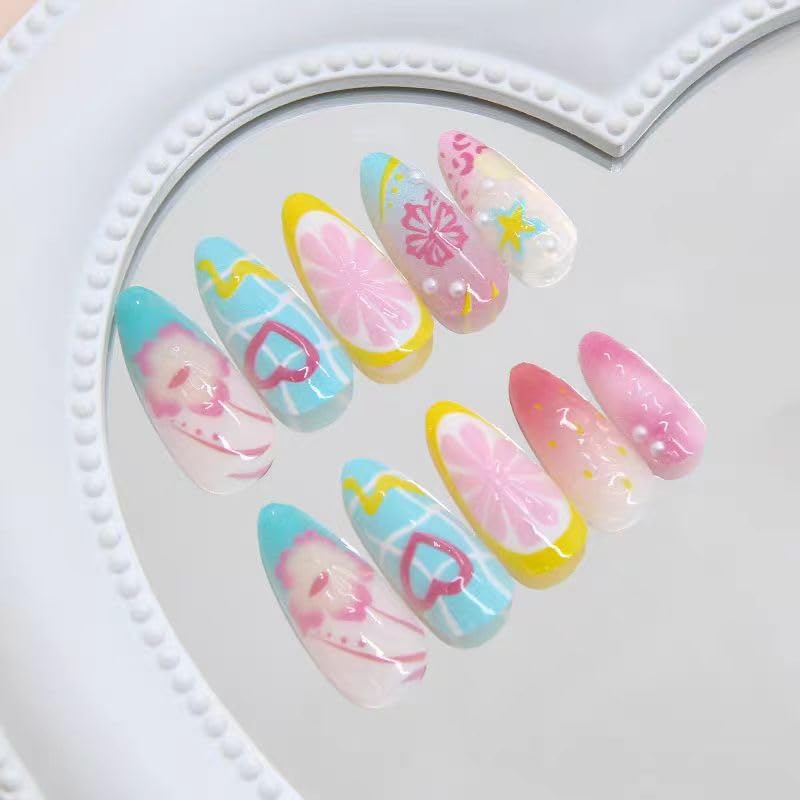 ZNCRSISTY Press on Nails Short - 2 Set Fake Nails with 30pcs Summer Press on Nail Almond and 24pcs Pure False Nails, Acrylic Nails with 3D Flower Designs, False Nail for Women Girls Kids