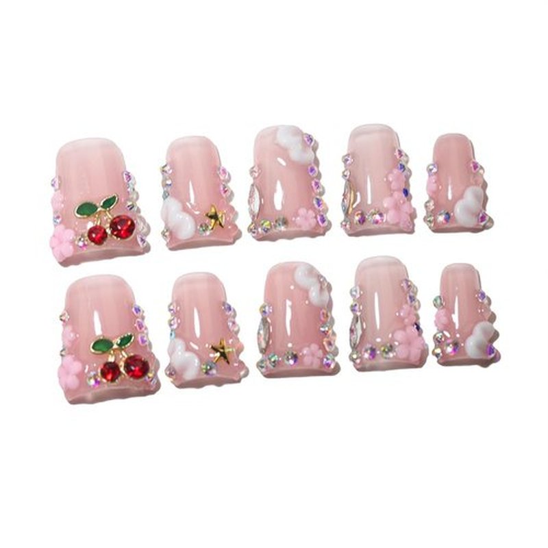 10Pcs Duck-shaped Handmade Press On Nails | French Style with 3D Floral & Rhinestone Decor | Easy to Apply, Remove & Reusable, Salon - Quality (25103S, S)