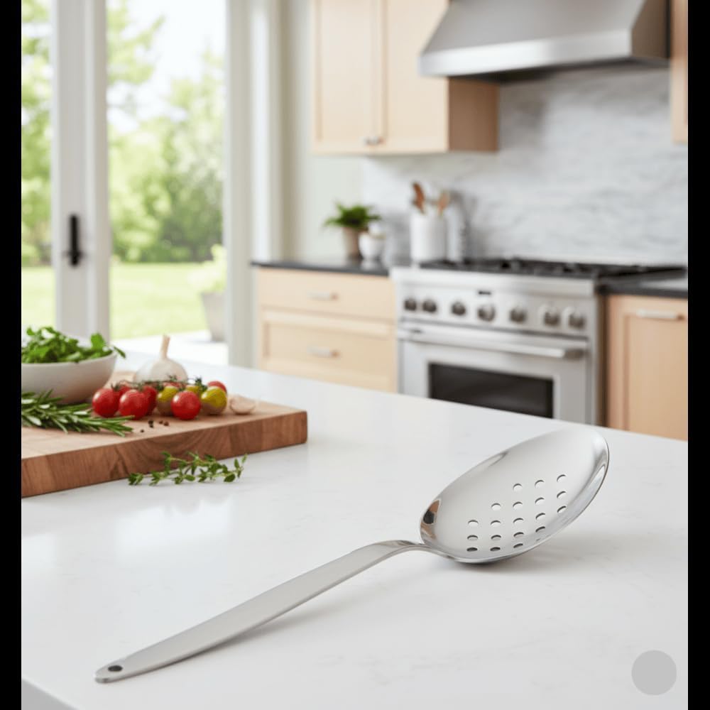 BNAZIND Chef Kunz Perforated Spoon | 9 Inch Silver 18/10 Stainless Steel Plating, Basting, Quenelle, Plating Spoon for Draining and Serving, Dishwasher Safe (Perforated)