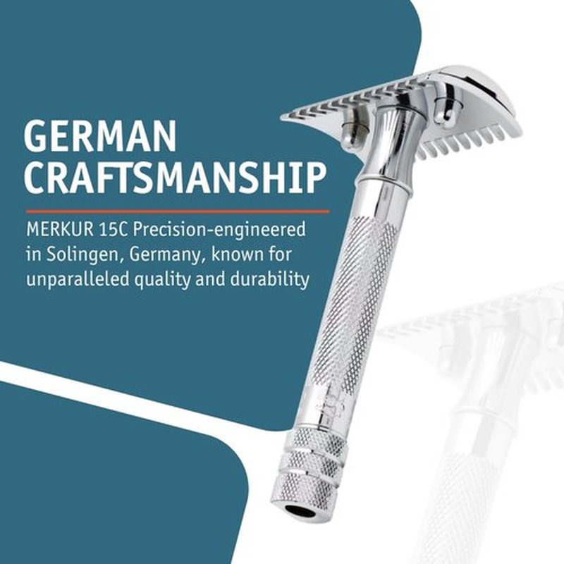 MERKUR 15C Double Edge Safety Razor - Bright Chrome Open Comb Design, Plastic-Free, Made in Germany