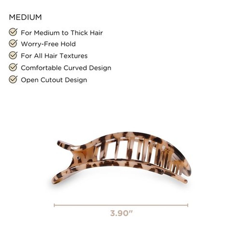 TELETIES - Medium Flat Round Clip - Strong Grip, Bendable Teeth, Comfortable Curved Design - Ideal for Medium-Thick Hair - For All Hair Textures - Blonde Tortoise