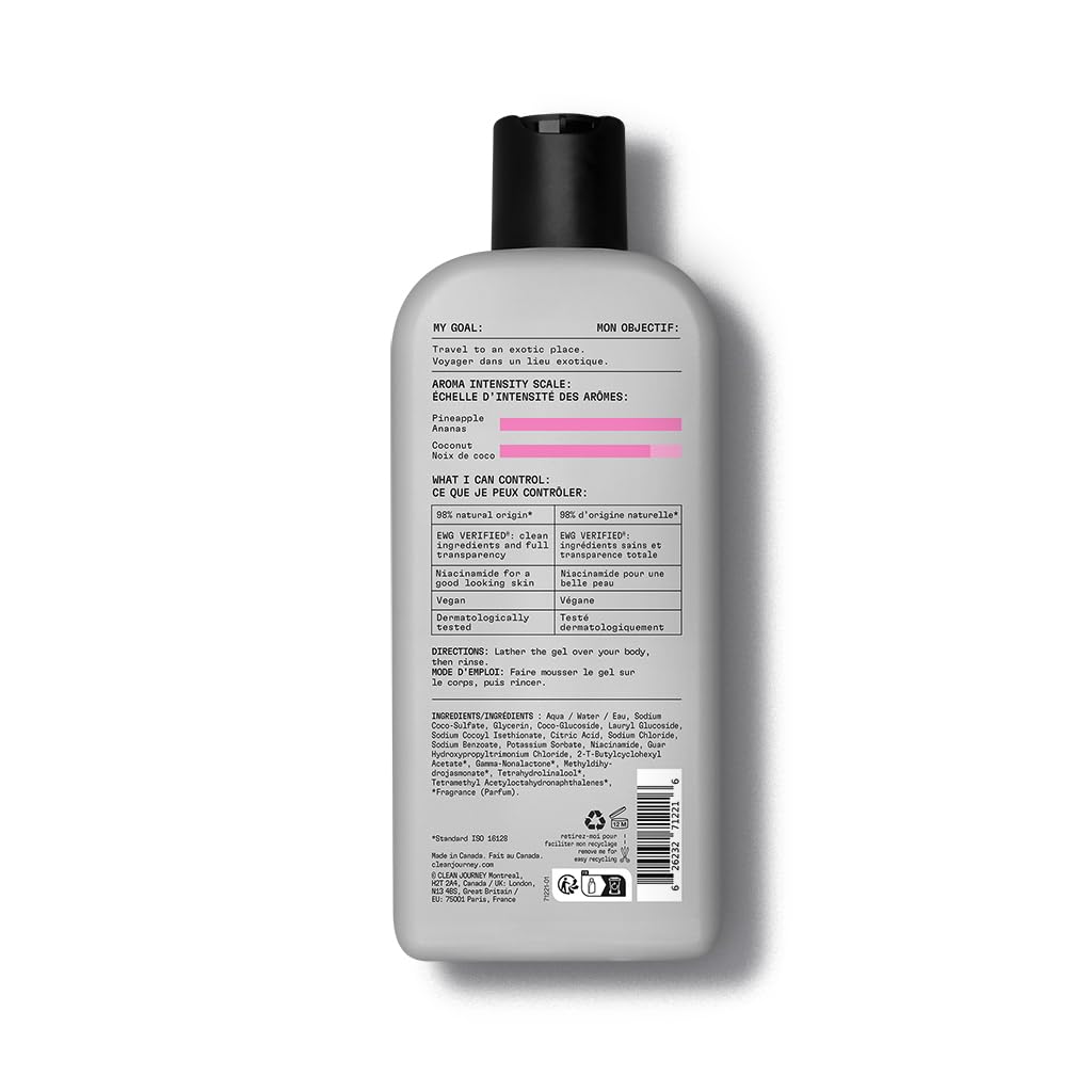 cleanjourney Body Wash, EWG Verified Shower Gel with Niacinamide and Glycerin, Clean Ingredients, Vegan, Intense Moisture, Tropical Tango, 12 Fl Oz
