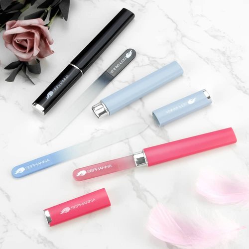 Premium Crystal Glass Nail File for Natural Nails, Professional Glass Nail Files with case for Unisex, Portable Glass Nail File Double Sided for Natural & Acrylic Nail Care (Black, Blue & Pink)