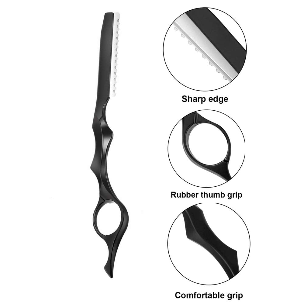 11Pcs Hair Styling Thinning Razor Set - 1 Razor, Thinning Comb, Texturizing Cutting Razor and 10 Replacement Stainless Steel Blades for Salon & Home Use (Black)