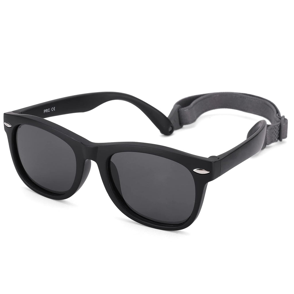 NULOOQ Polarized Baby Sunglasses with Strap - Unbreakable Flexible Infant Sunglasses for Toddlers Age 0-24 Months (Matte Black Frame/Gray Lens)
