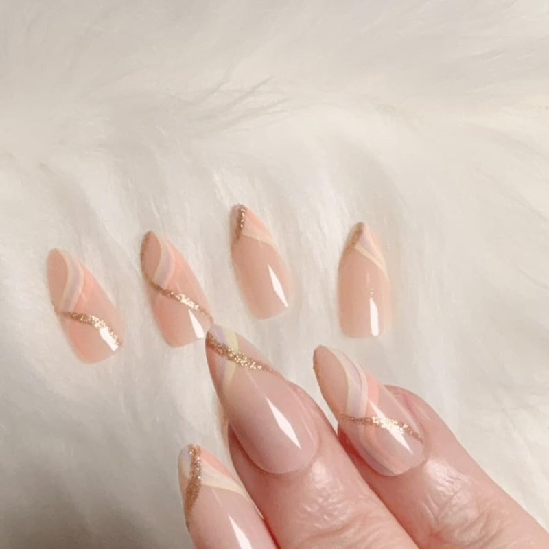 XIUXIULAN Press on Nails, rainbow ripple Pink Almond False Nails, 12 Size Glossy Soft Gel 24 Pcs