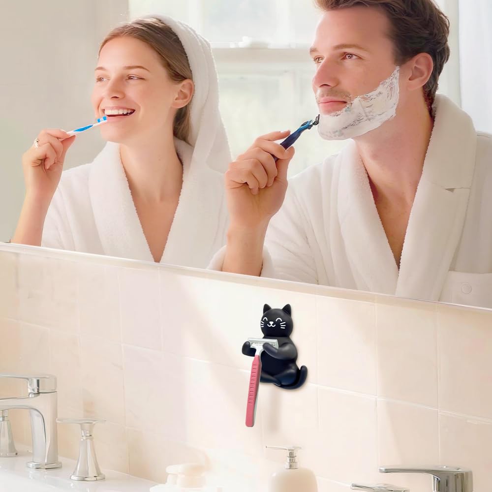 Mhfpl Cute Black Cat Silicone Razor Holder for Shower Adhesive Sticky Heavy Duty Waterproof Wall Hooks, Black Cat Razor Hooks for Bathroom Inside Shower Wall Hanging Loofah Towel