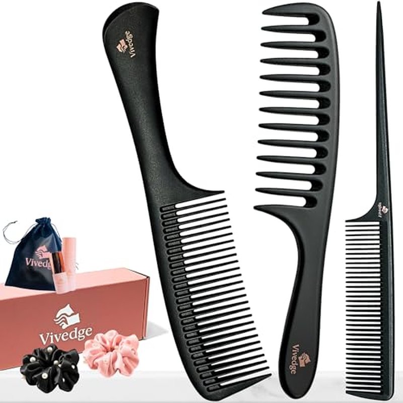 Vivedge Carbon Fiber Hair Comb Set for Curly Hair Woman|Wide Tooth Comb, Parting, Fine Tooth for Detangling, Styling for Natural Fine Straight to Curly, Thick, Wet or Dry Hair (Black-Pink)