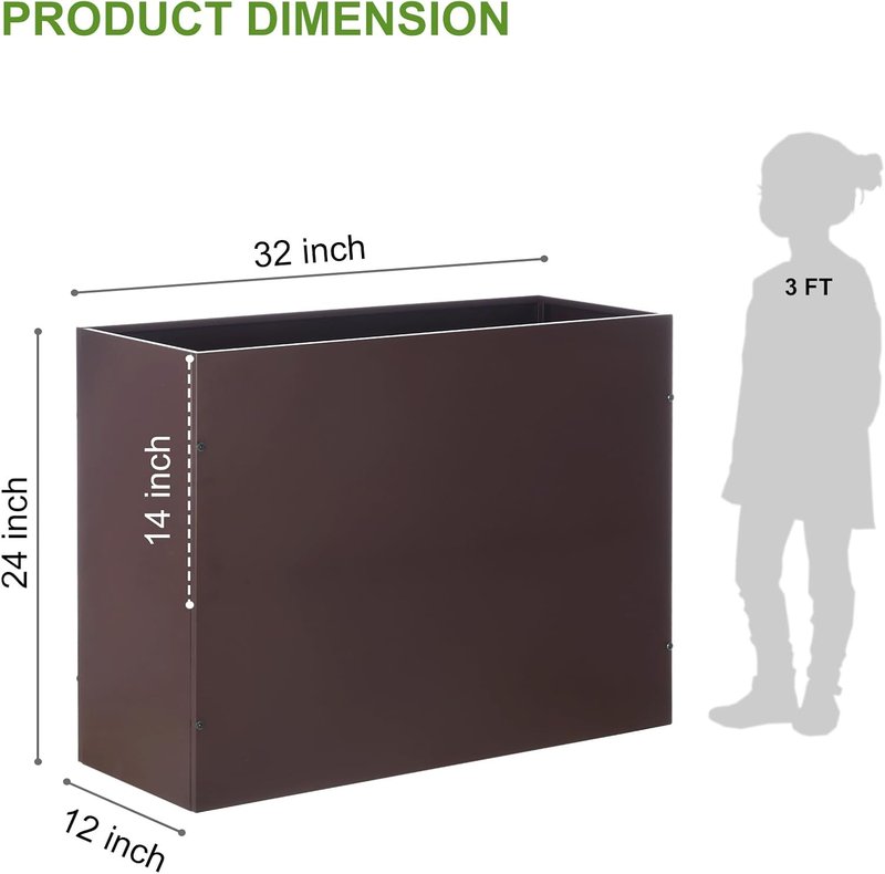 BAYN Metal Rectangular Planter Box - Modern Heavy-Duty Outdoor Planter with Drainage Holes | Brown, 32” x 12” x 24”