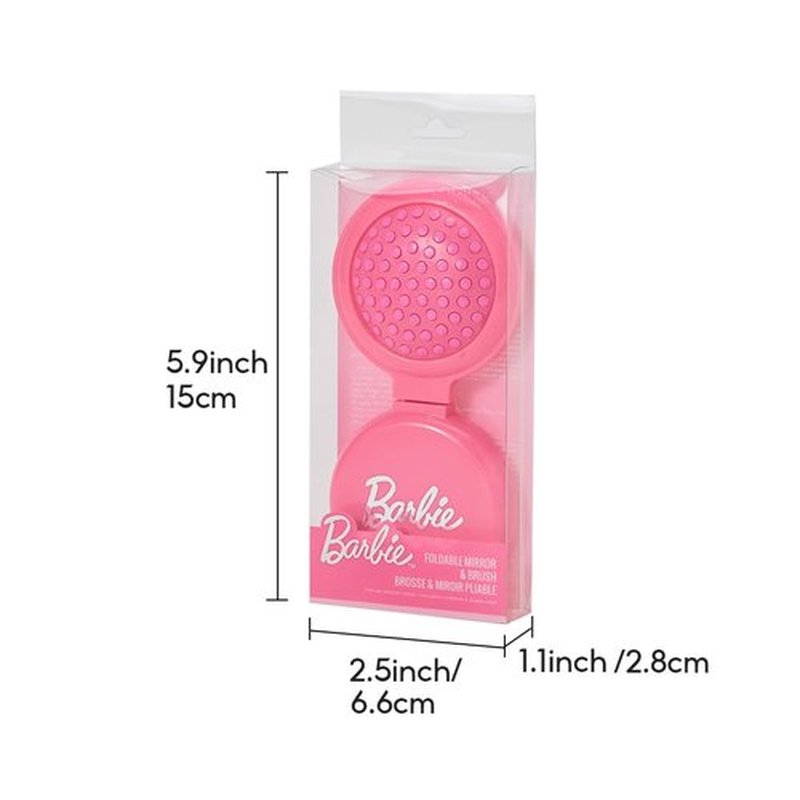 MINISO Barbie Portable Folding Mirror Comb for On-The-Go Styling | Compact Travel Hair Brush with Mirror | Fits in Pocket, Purse, Makeup Bag, Backpack | Detangling Comb for Women Quick Touch Ups