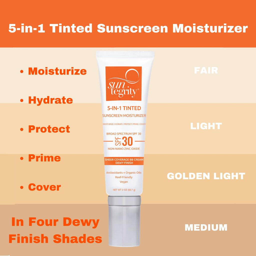Suntegrity Tinted 5 in 1 Mineral Sunscreen for Face (SPF 30-2 oz) - Medium | BB Cream Moisturizer with Physical UVA/UVB Broad Spectrum Protection | Safe for Sensitive Skin