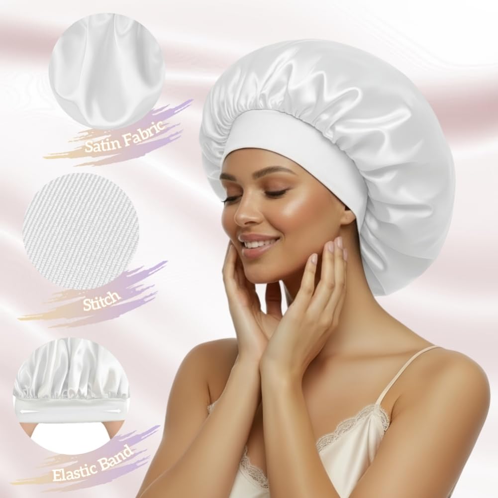 White Silk Bonnet for Sleeping Women Braid Bonnet XL Large Satin Hair Bonnets for Sleeping Long Hair Jumbo Silk Sleep Night Cap 2 Pack