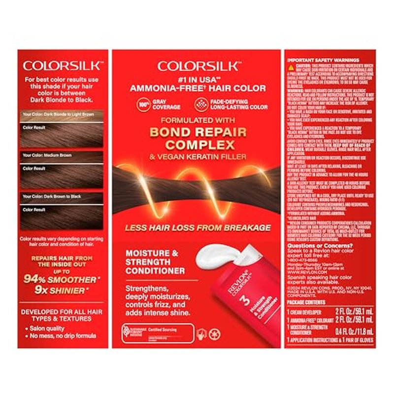 Revlon ColorSilk with Bond Repair Complex, Brown Permanent Hair Color, 100% Gray Coverage, Ammonia Free Hair Dye, Vegan Keratin, 30 Dark Brown (Pack of 3)