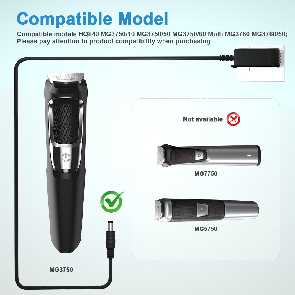 8V 100mA Quick Charger for Philips Norelco HQ840 Multigroom Series MG3750 MG3750/50 MG3750/10 MG3750/60 MG3760 MG3760/50 Trimmer Adapter Power Supply Cord for Philips