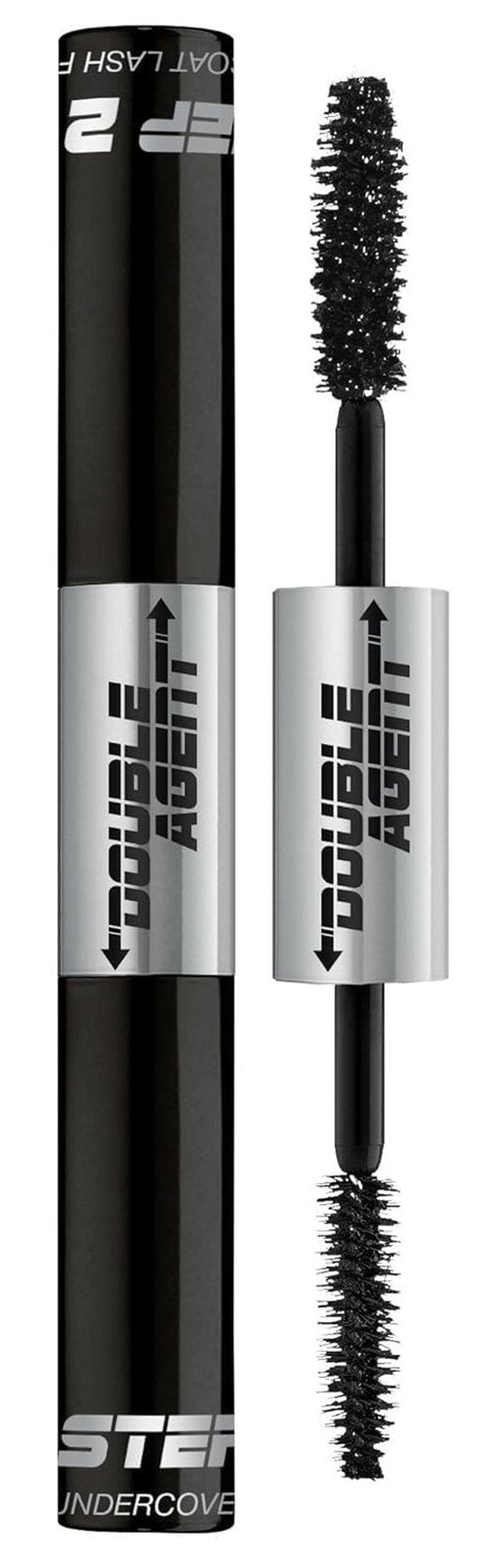 Palladio Double Agent Lash Extender Undercover Fiber Booster Mascara, dual lash system, increase eyelash length and volume, boost lashes for a bold dramatic look, voluminous makeup mascara, Jet Black