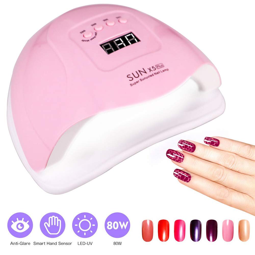 UV LED Nail Lamp, 80W Professional Nail Dryer for Gel Polish Curing - 4 Timer Settings, Fast Drying for Fingers and Toes, Home Salon Manicure Light, Pink