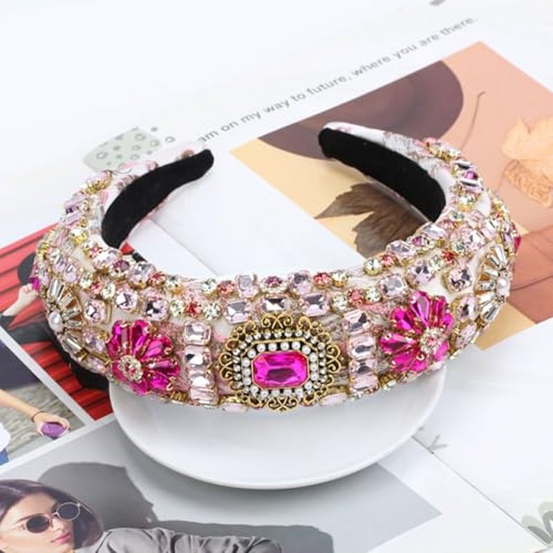 Luxury Baroque Big Wide Crystal Headband for Women Pearl Rhinestone Bead Decorative Hairband Jeweled Head Hoop Party Accessories (HDDY1077-pink)