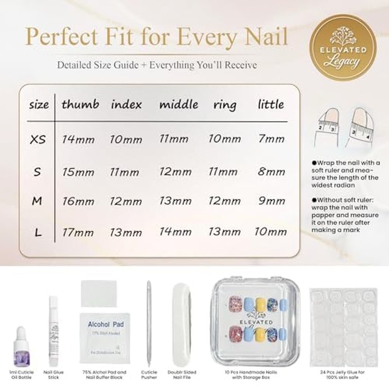 ELEVATED LÉGACY Medium-Sunshine Confetti Fake Nails Press-On Manicure Kit for Women | French Tip 10 Nails | Nail Glue, Dual Nail File, Cuticle Stick, Buffer Block | Measure Before Ordering