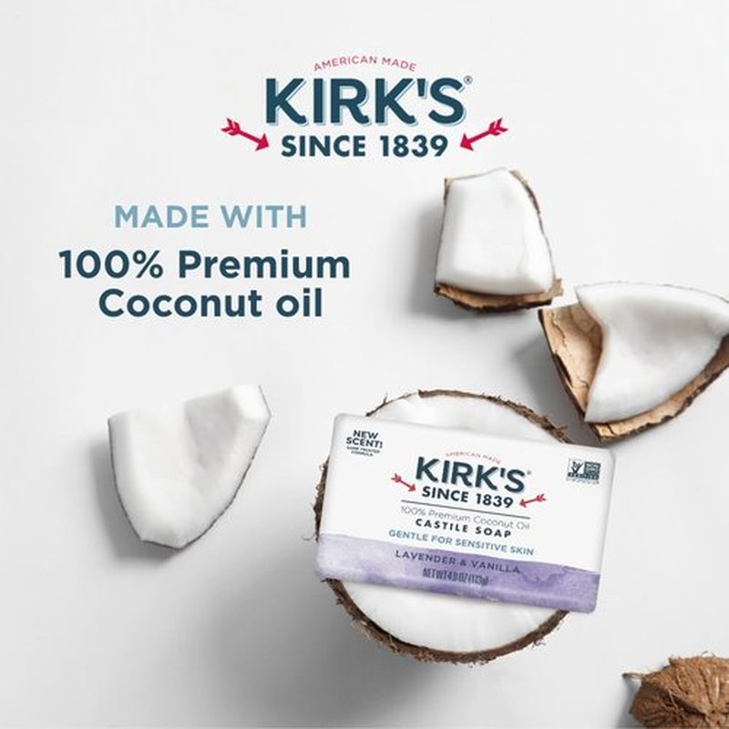 Kirk's Castile Bar Soap for Men, Women & Children - Made with Premium Coconut Oil, Sensitive Skin Formula, Vegan, Non GMO, Lavender & Vanilla, 4 oz. Bars 6 Pack
