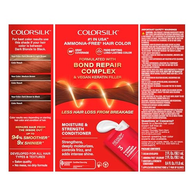 Revlon ColorSilk with Bond Repair Complex, Auburn Permanent Hair Color, 100% Gray Coverage, Ammonia Free Hair Dye, Vegan Keratin, 42 Medium Auburn (Pack of 3)