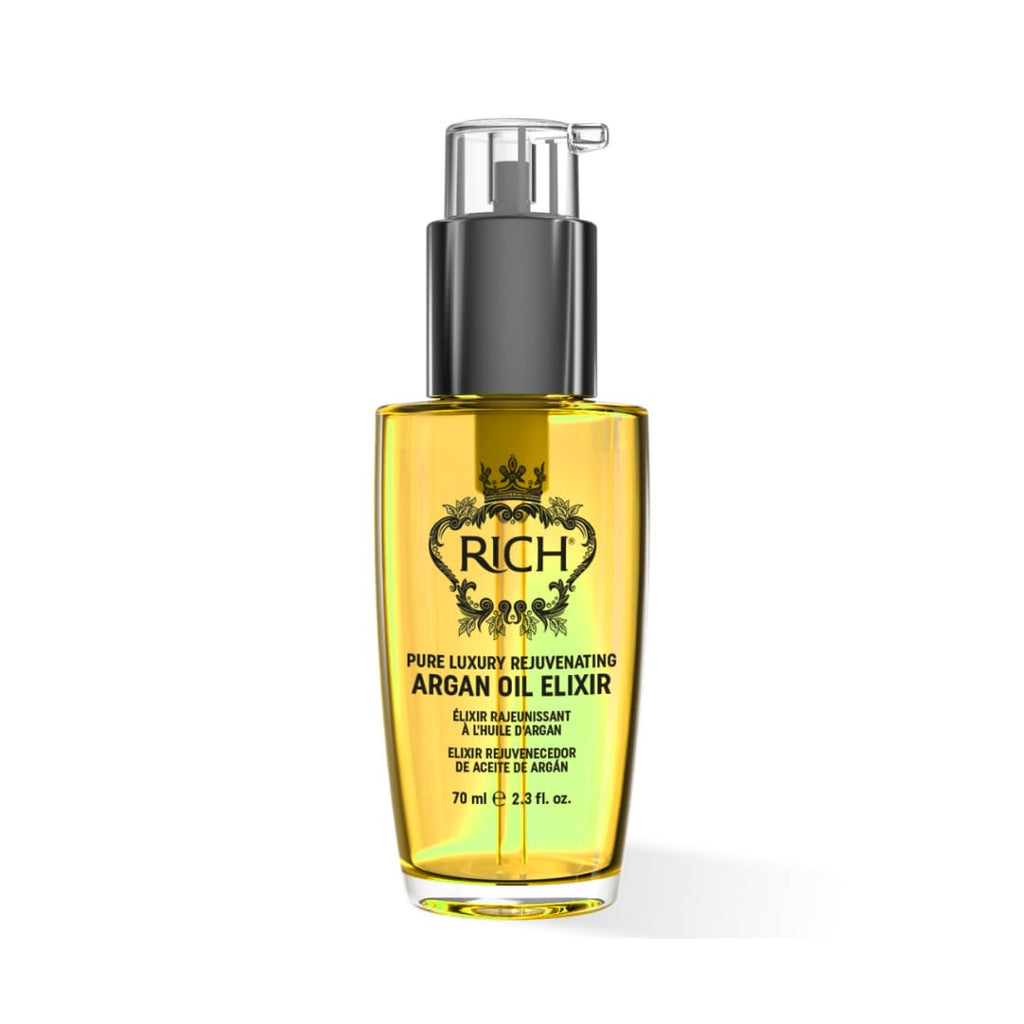 RICH Pure Luxury Rejuvenating Hair Argan Oil Elixir for All Hair Types - Repair for Dry and Damaged Hair - Enriched with Argan Oil, Sweet Almond Oil, Omega 6 & 9 - Heat Protective - 2.3 Oz