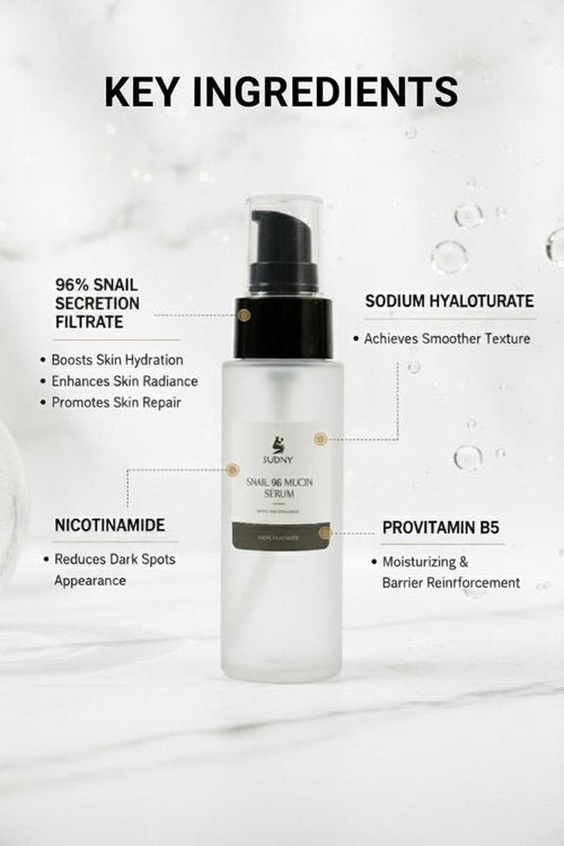 SUDNY Snail Mucin 96% Repairing Essence with Niacinamide, Aloe Vera & Glycerin - Snail Mucin Serum to Hydrate & Repair Dull Skin & Fine Lines- Gentle Skincare Serums with Snail Serum for Everyday Care