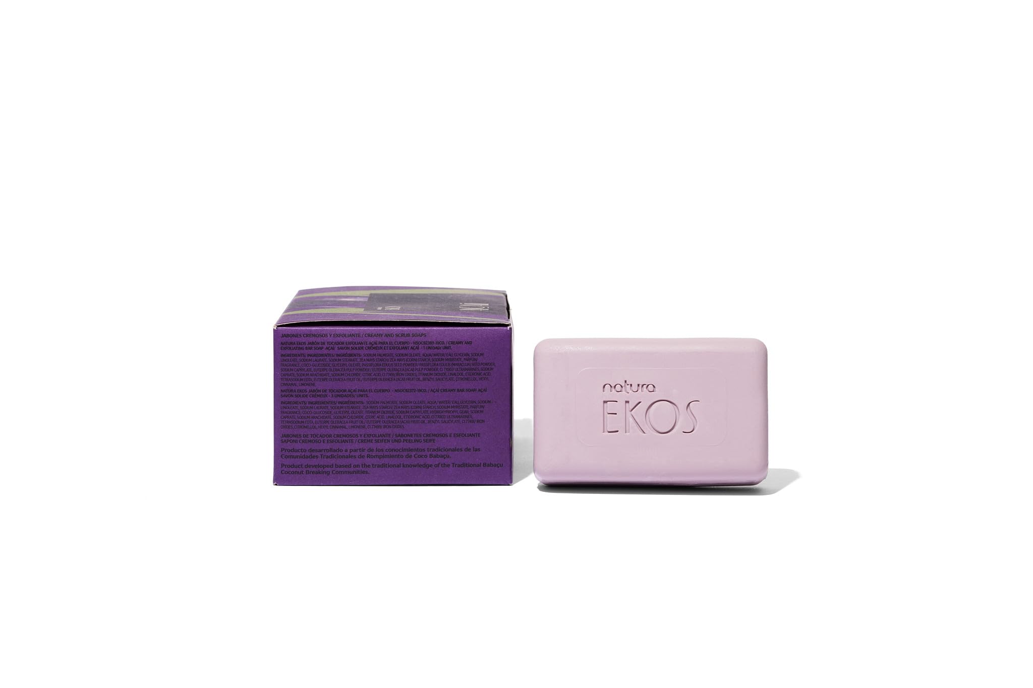 natura - Ekos Açaí Creamy & Exfoliating Bar Soap Set (4 Pack) - 1 Exfoliating Bar, 3 Creamy Bars - Pure Plant Based Oils - Vegan Skin Care - Brazilian Beauty Secrets - Self Care - 3.5oz (100g)