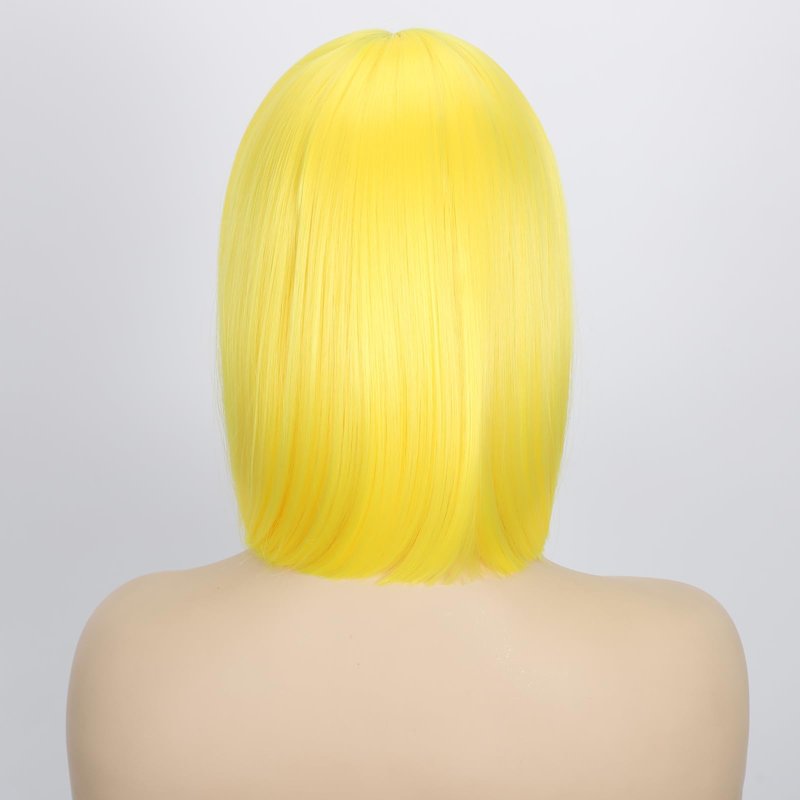 Yellow Short Bob Wig with Bangs, Synthetic Straight Hair Wigs for Women, 14 Inch Cosplay Costume Bob Wig (Yellow)