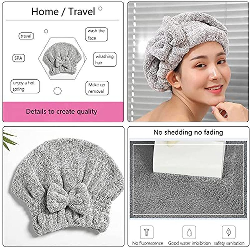 SportMore Microfiber Hair Towel Wrap, Soft Absorbent & Quick Drying Cap Set for Curly Thick Hair, Women & Girls - 2 Pcs (Stripe & Gray)