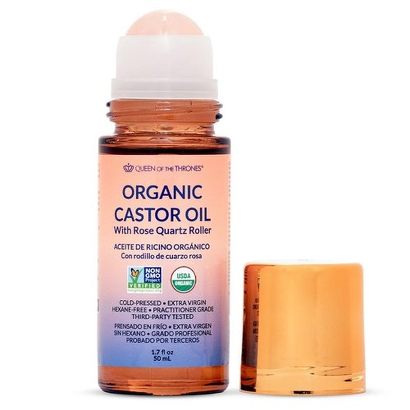 QUEEN OF THE THRONES® Organic Golden Castor Oil Roll-On with Rose Quartz | 100% Pure for Skin, Brows & Lashes and less mess Castor Oil Packs | Hexane-Free | USDA Certified | Cold-Pressed 1.7oz (50mL)